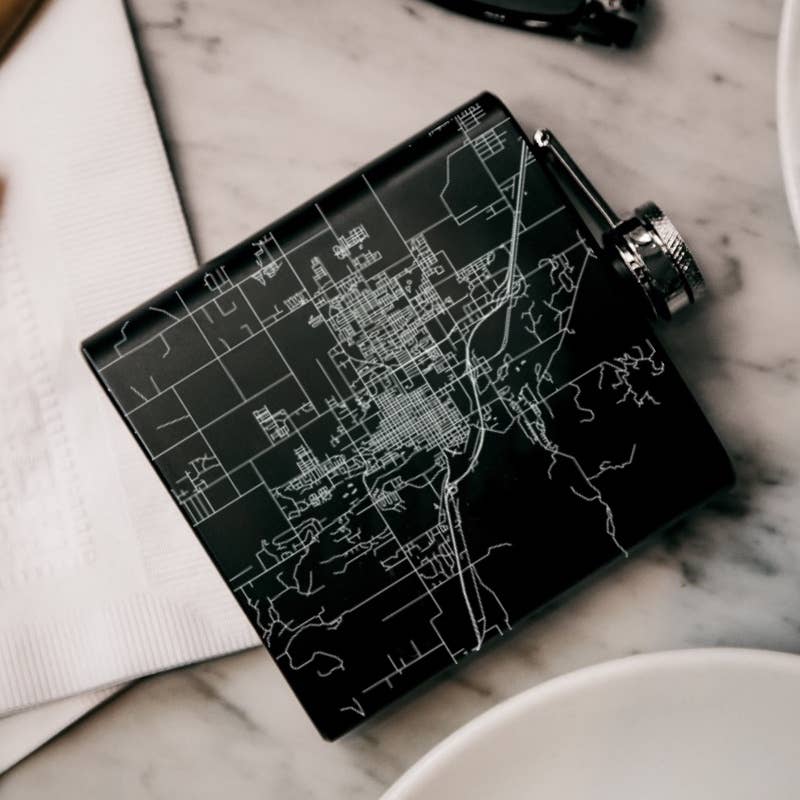 JACE.design - Wholesale Flask - Bozeman MT Map Hip Flask in Matte Black0