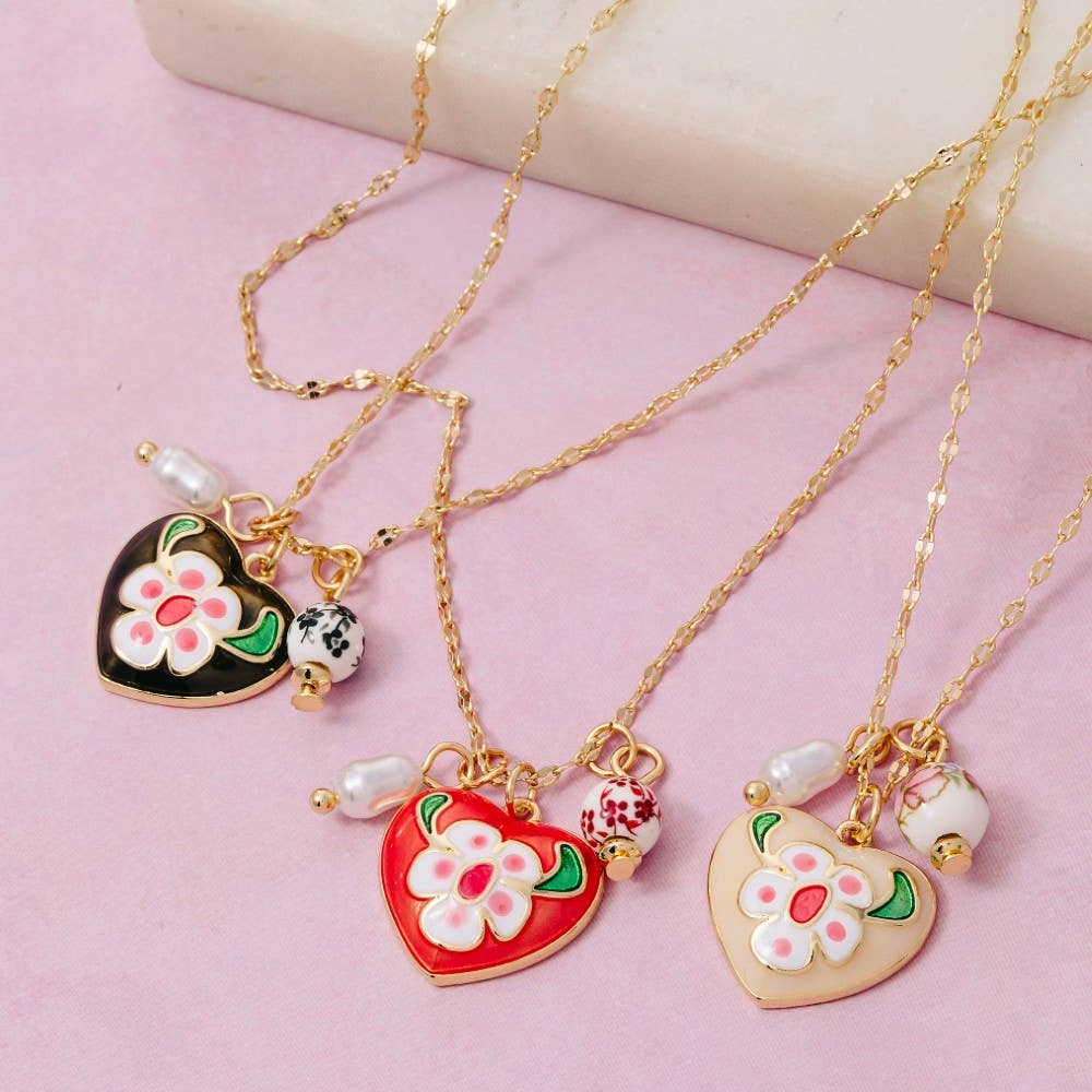 Fame Accessories - Wholesale Link & Chain Necklace - Enamel Heart And Ceramic Floral Charms Chain Necklace0