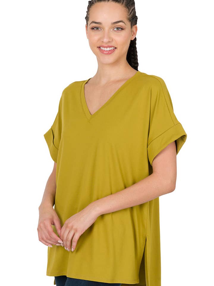 42POPS – wholesale Stickad topp - Dam – ...0802 Top med upprullade ärmar, sidoslits och v-ringning SI-159241