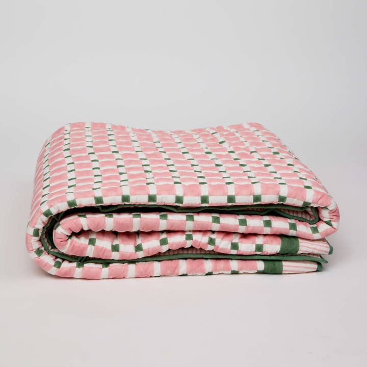 Craft Boat - Wholesale Quilt - BLOCK PRINTED QUILT - CHECKERBOARD PINK-GREEN