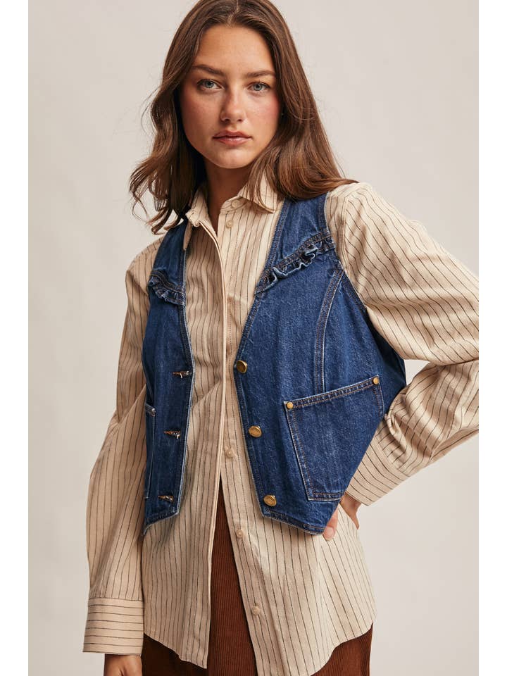 Blue Haze Ruffle Trim Denim Vest FVT0002 for wholesale on Faire2