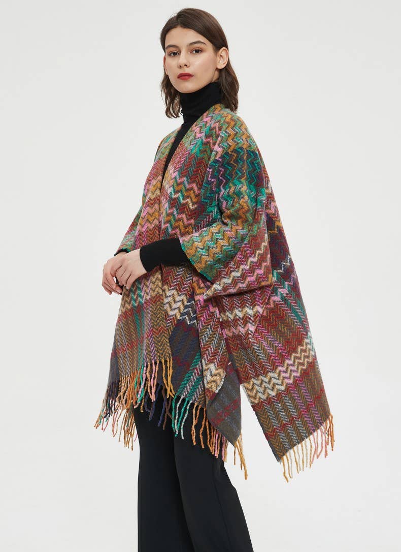 ePretty - Wholesale Poncho - Women's - Multi Color Chevron Printed Knit Wrap with Tassels Z1-PJP1213
