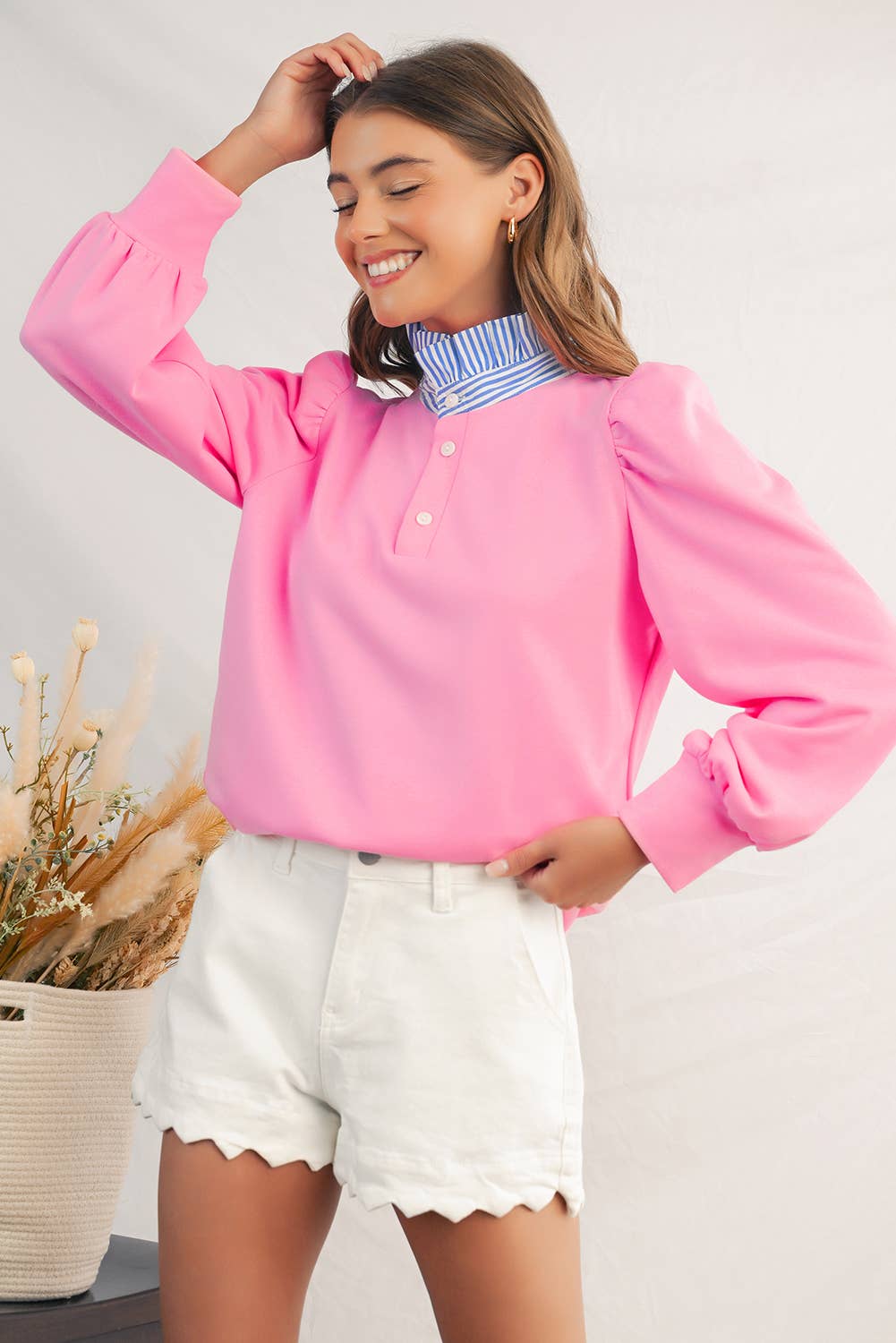 Aapparella - Wholesale Sweatshirt - Women's - Button Striped Collar Puff Sleeve Sweatshirt | S-XL 1