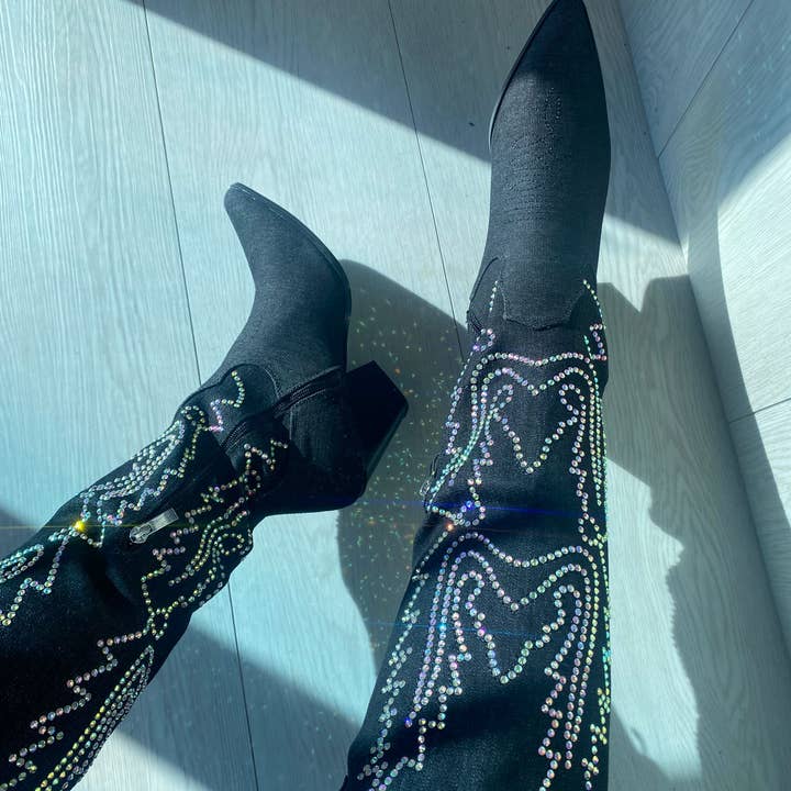 MILEY-06 Women's Denim Rhinestone Denim Boot for wholesale by Pazzle