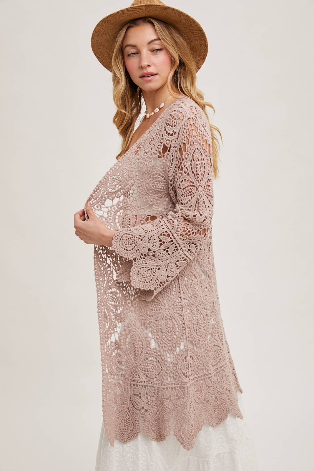 Bluivy - Vente Cardigan – femme - Cardigan en crochet ouvert à manches cloche, longueur genou23