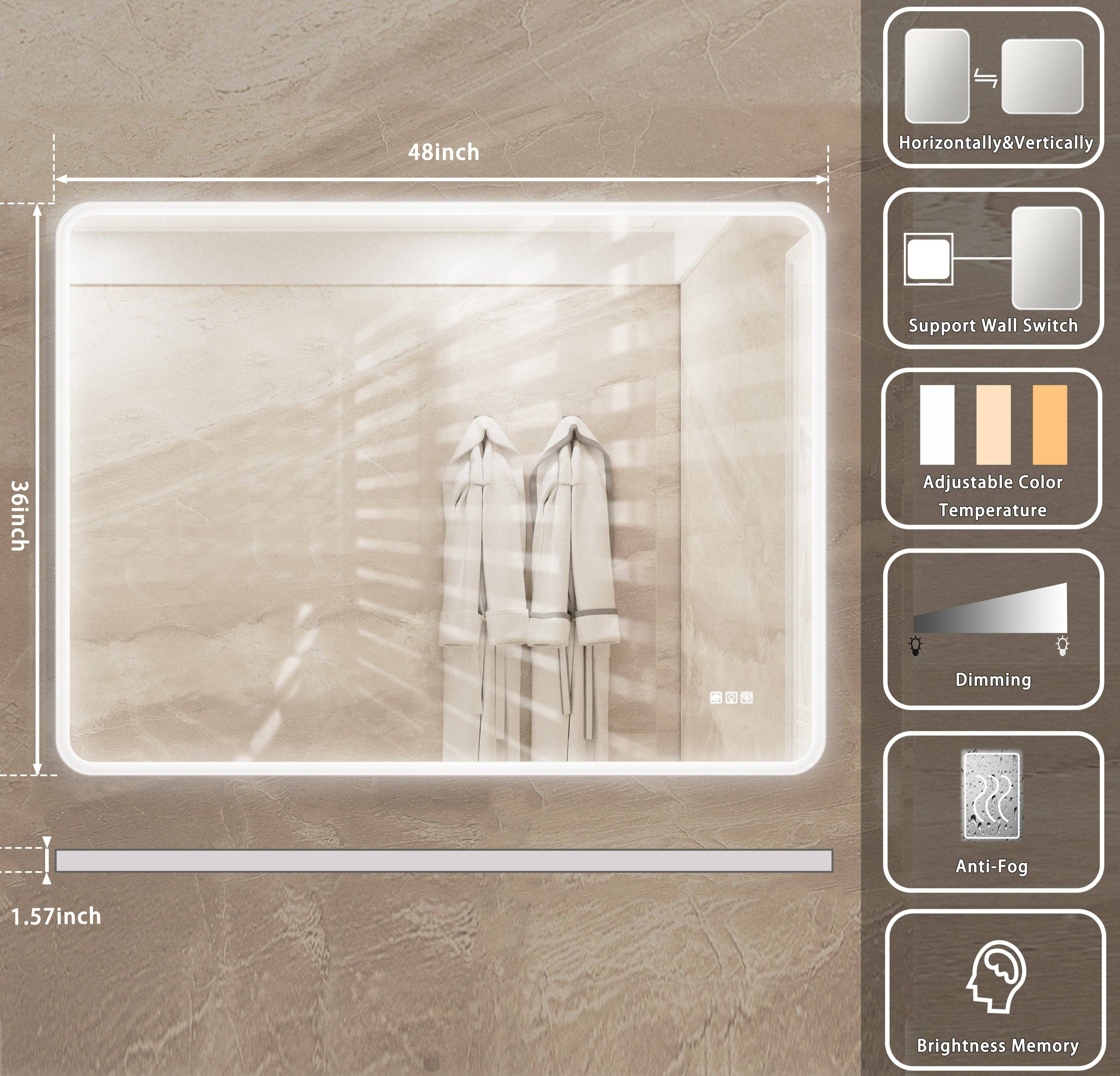 39F Inc. - Wholesale Wall Mirror - 48"X36" Rectangular Dimmable Anti-Fog LED Bathroom Mirror12