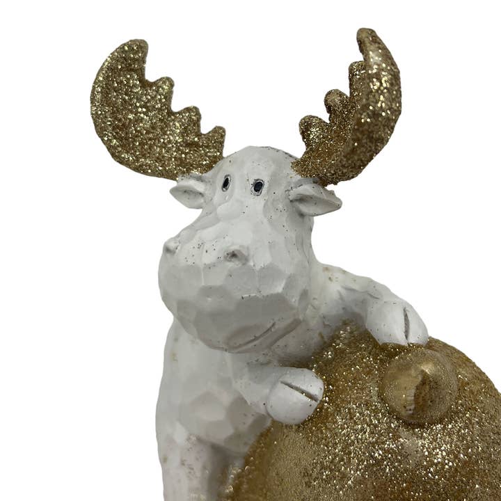 Galt International Company - Wholesale Christmas Decoration - White & Gold Glitter Moose Figurine Christmas Decorations