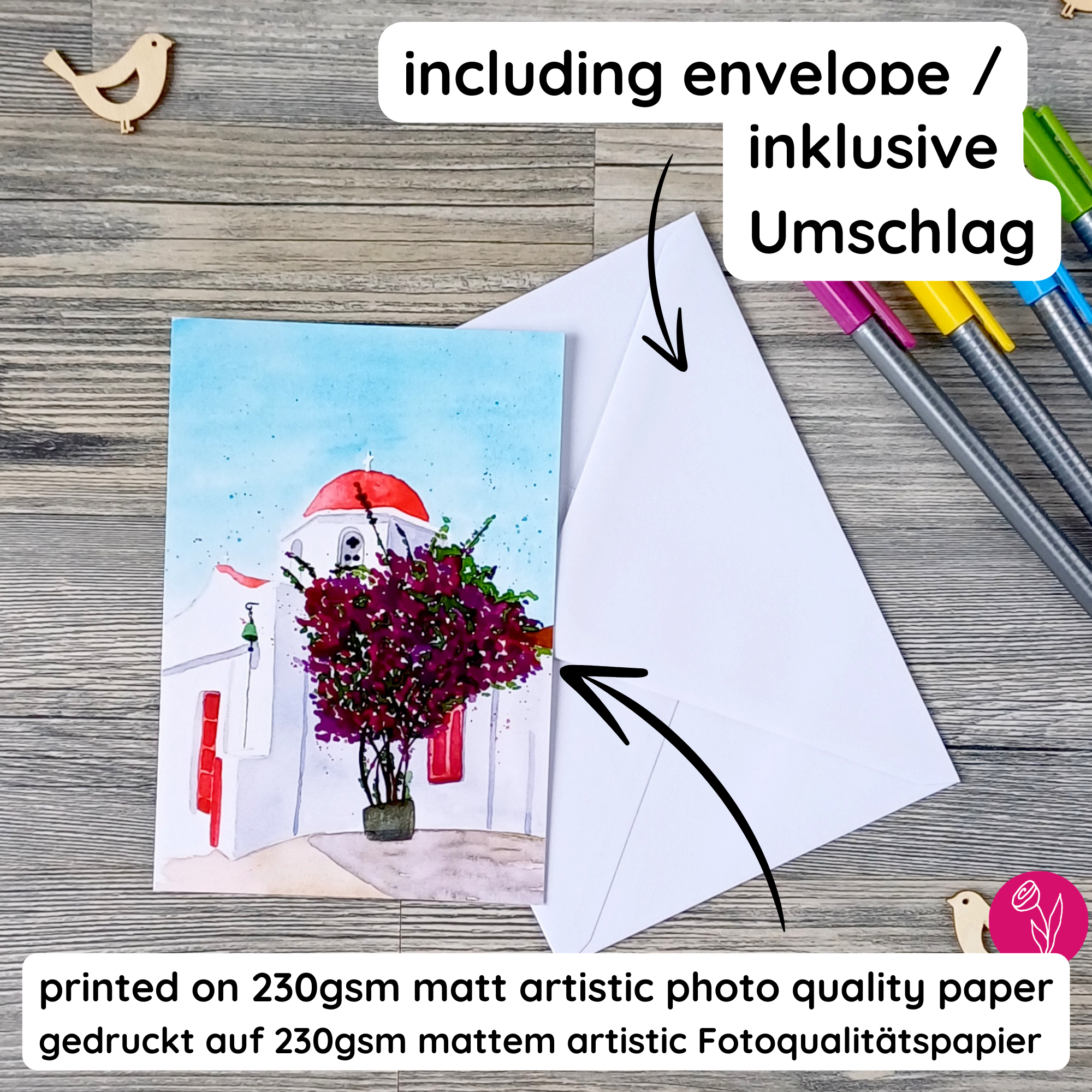 Christina Jenne Art and Design - Wholesale Everyday Greeting Card - Handmade Greeting Card - Church in Mykonos, Greece1