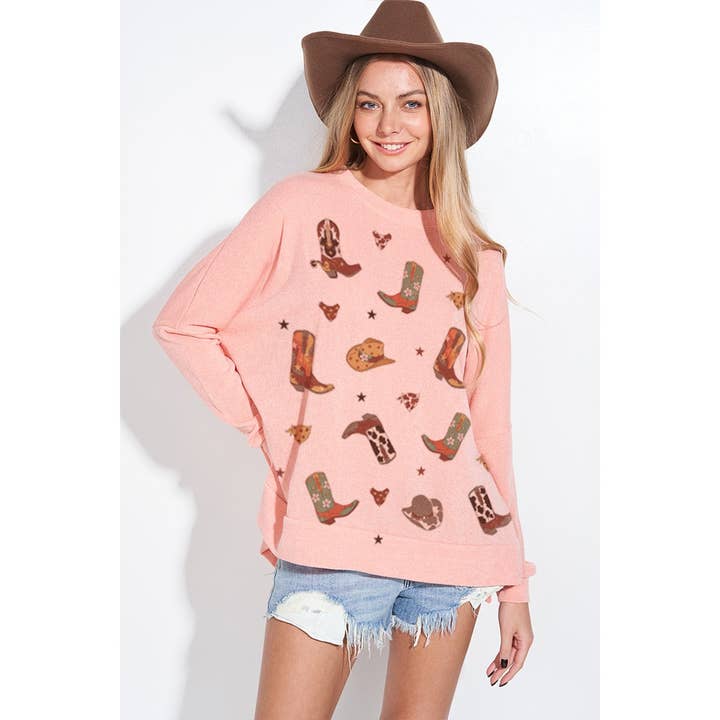 Top in maglia a maniche lunghe con stampa di stivali western per la vendita all'ingrosso da parte di Phil Love