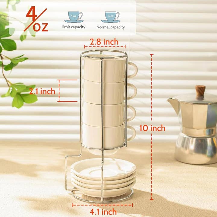 Sweese - Wholesale Coffee/Tea Cup - 4 Ounce Porcelain Espresso Cups with Saucers and Stand