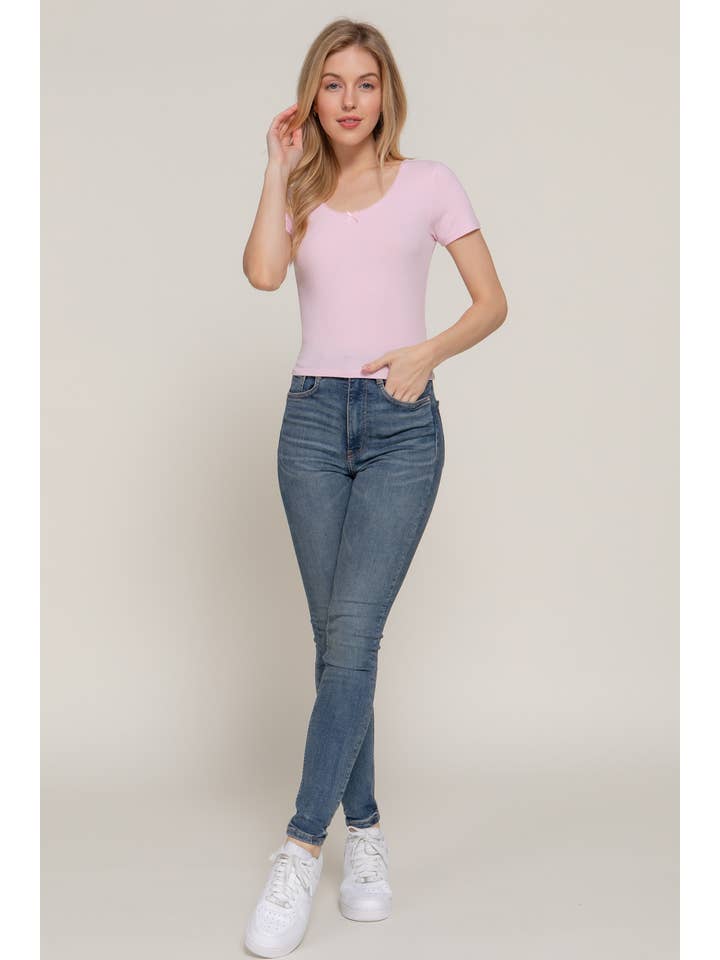 Active Basic | Active USA - Wholesale Knit Top - Women's - Short Sleeve Scoop Neck Lace & Satin Bow Rib Knit Top