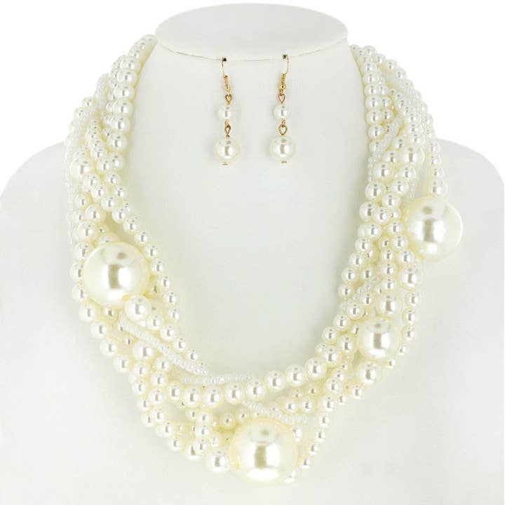 SP Sophia Collection - Wholesale Jewelry Set - Mix Pearl Multi Strand Twisted Beaded Necklace Set