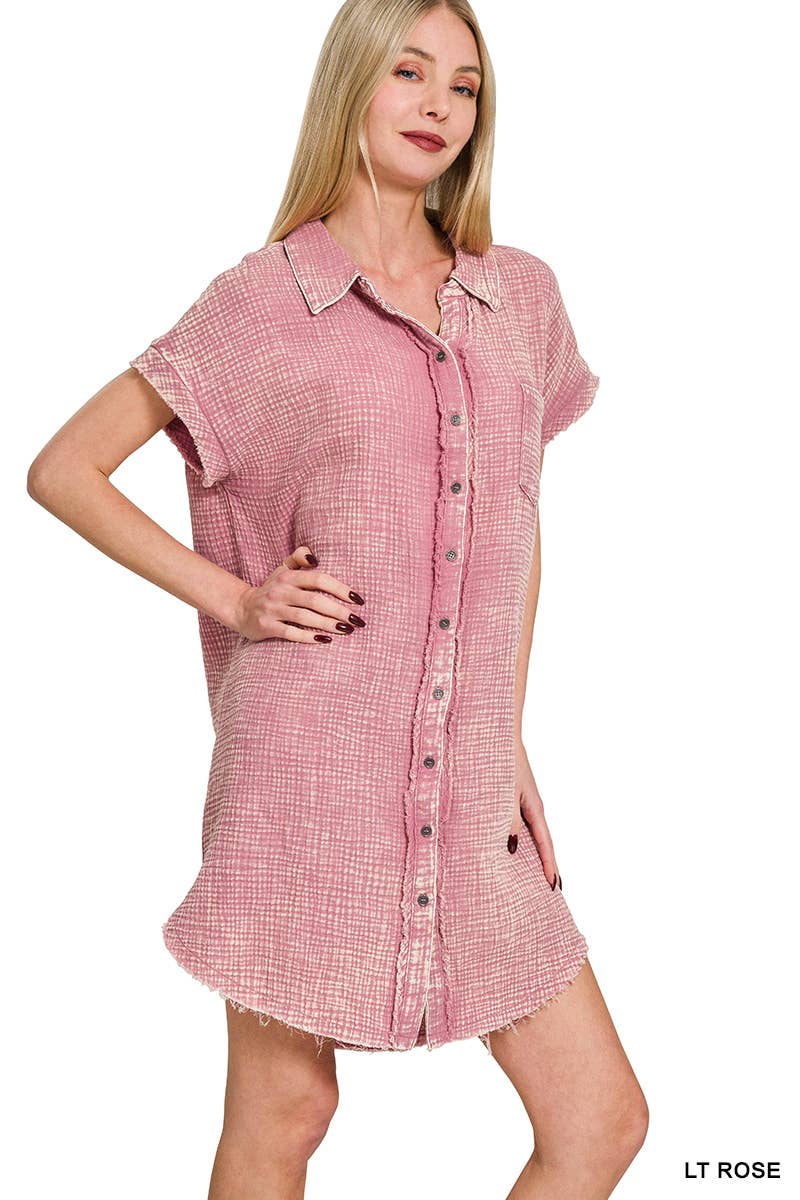 42POPS - Wholesale Dress - Women's - `.Washed Double Gauze Button Down Shirt Dress1
