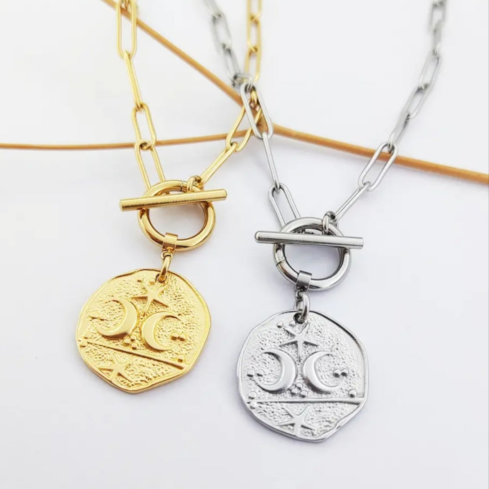 Misgraceful - Wholesale Pendant/Charm Necklace - Moon & Star T Bar Paperclip Chain Necklace - Gold or Silver1