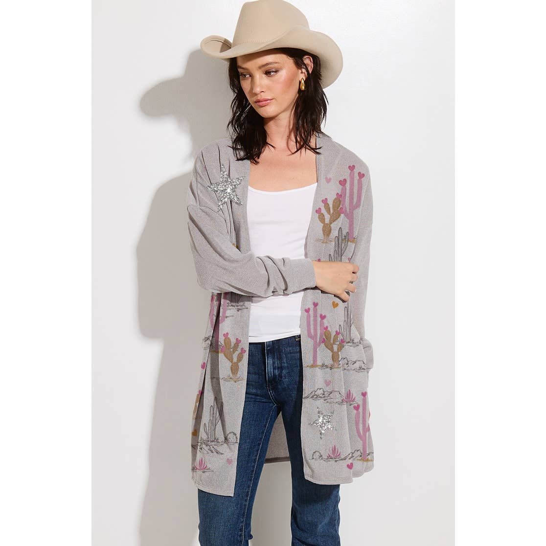 Phil Love – Großhandel Strickjacke – Damen – Wüstenkaktus Stern Glitzerprint Strickjacke5