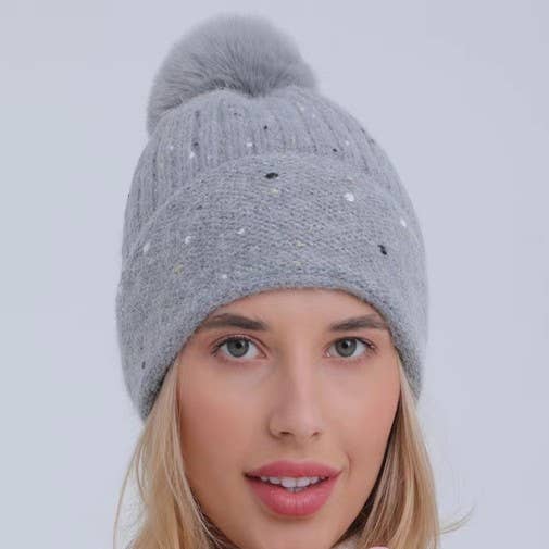 JOSSLYN by wall to wall - Vente Bonnet – femme - BONNET À POMPON EN FAUSSE FOURRURE À PAILLETTES | 40BN9111