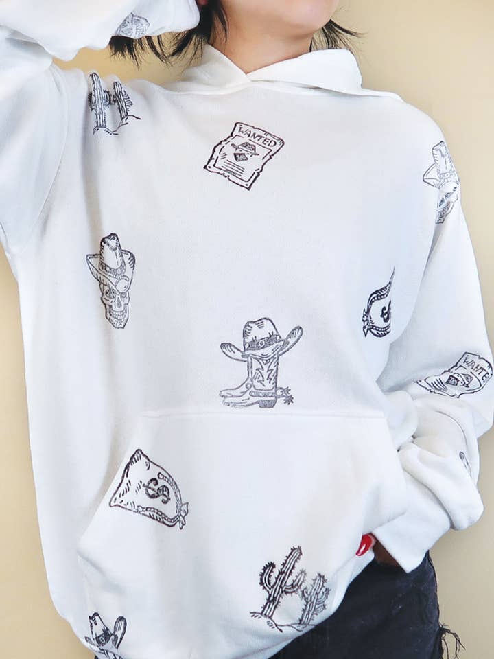 COWBOY HÅNDSTEMPLET GRAFISK FRANSK TERRY HÆTTEKLÆDTE for engroshandel hos Rustee Clothing