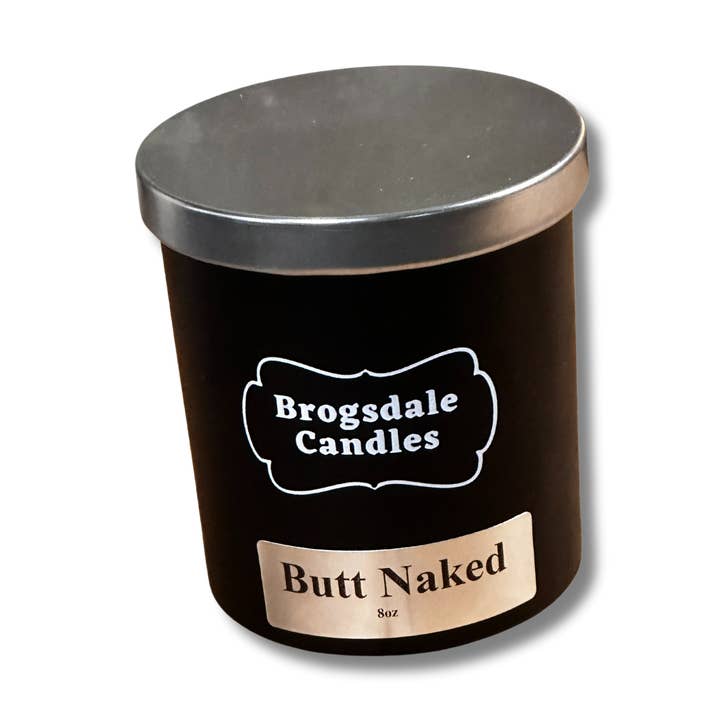 Butt Naked Hand poured soy blend wooden wick candle. for wholesale by Brogsdale Candles