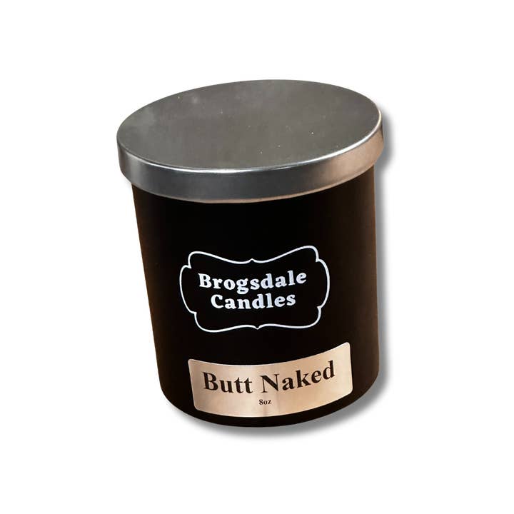 Butt Naked Hand poured soy blend wooden wick candle. for wholesale by Brogsdale Candles