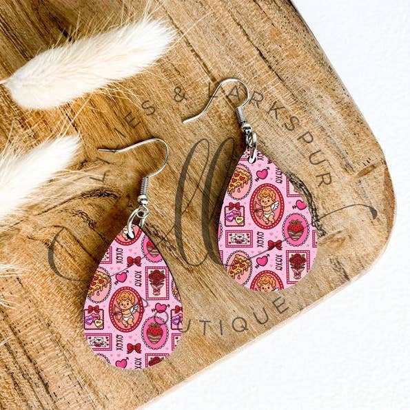 Valentine’s Cupid & Snacks Pattern Teardrop Earrings for wholesale by Lilies & Lark Boutique
