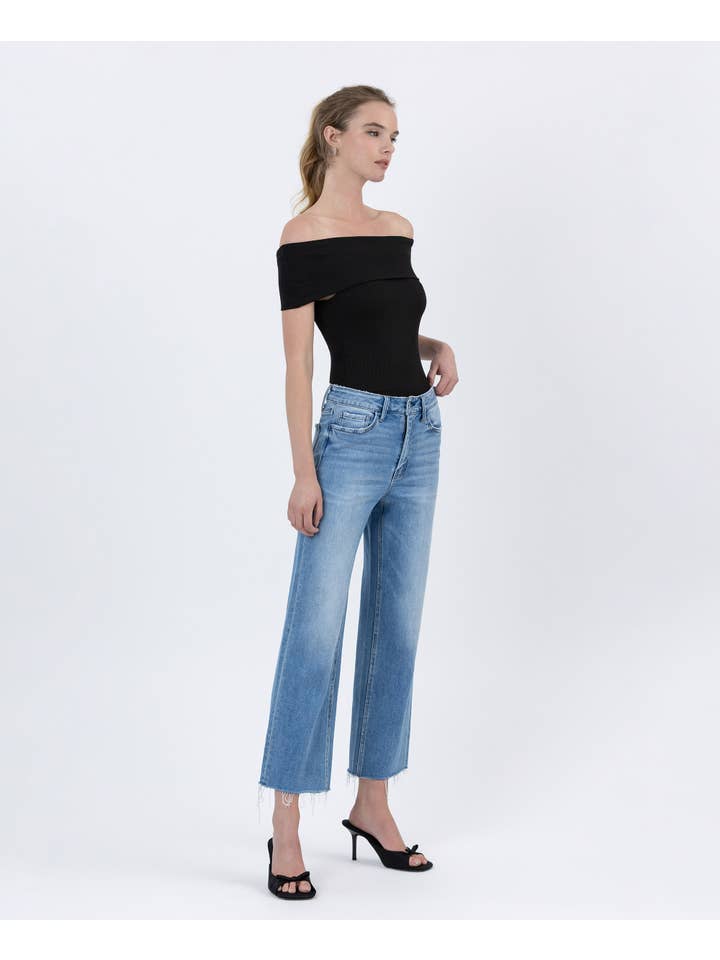 WELL BALANCED HIGH RISE RAW HEM CROP SLIM WIDE JEANS F6086 for wholesale on Faire4