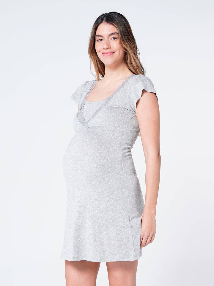 Camicia da notte per allattamento a pois e pizzo - Grigio chiaro per la vendita all'ingrosso da parte di Ohma Barcelona