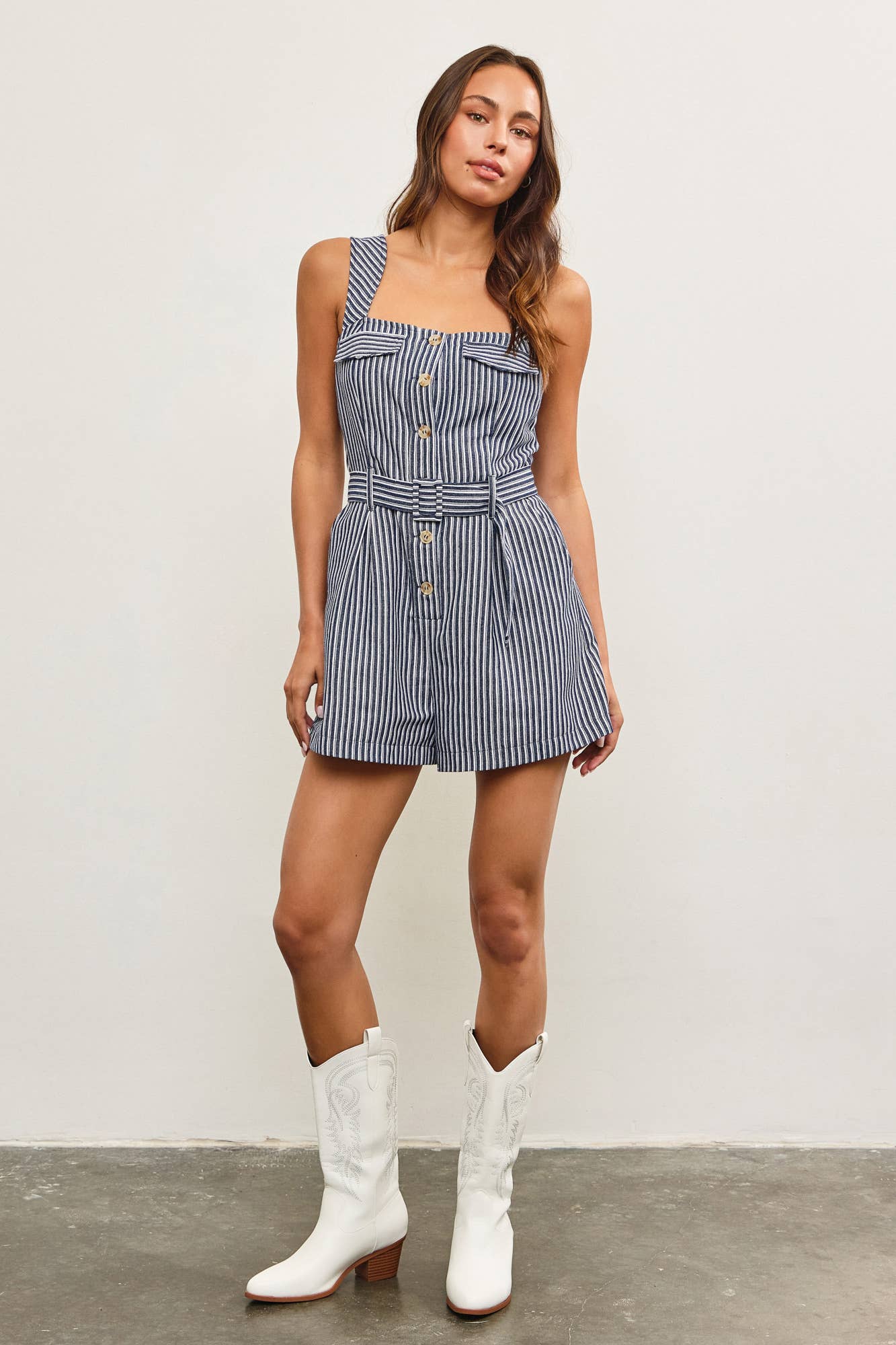 Mustard Seed - Wholesale Romper - Women's - BELTED WAIST BUTTON CLOSURE SLEEVELESS ROMPER11