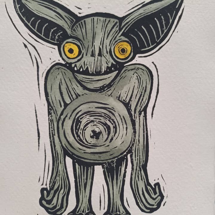 Hopkinsville Goblin A5 Lino print for wholesale by Minifi's Oddities