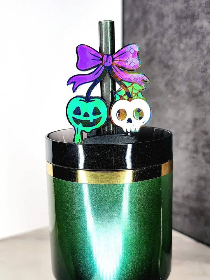 Halloween Cherry Skull & Pumpkin Straw Topper With Bow for wholesale by Agape Designs 3D
