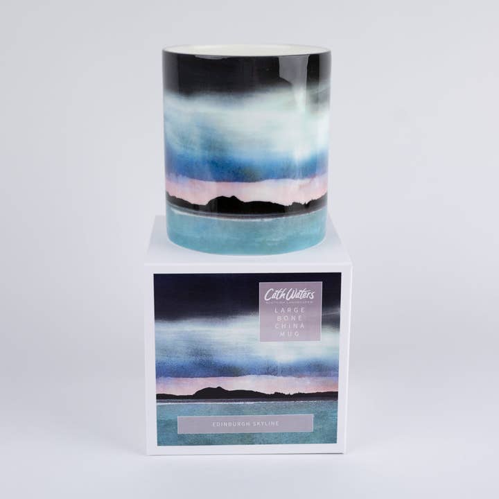 Edinburgh Skyline from East Lothian Large Bone China Mug for wholesale by Cath Waters Scottish Landscapes