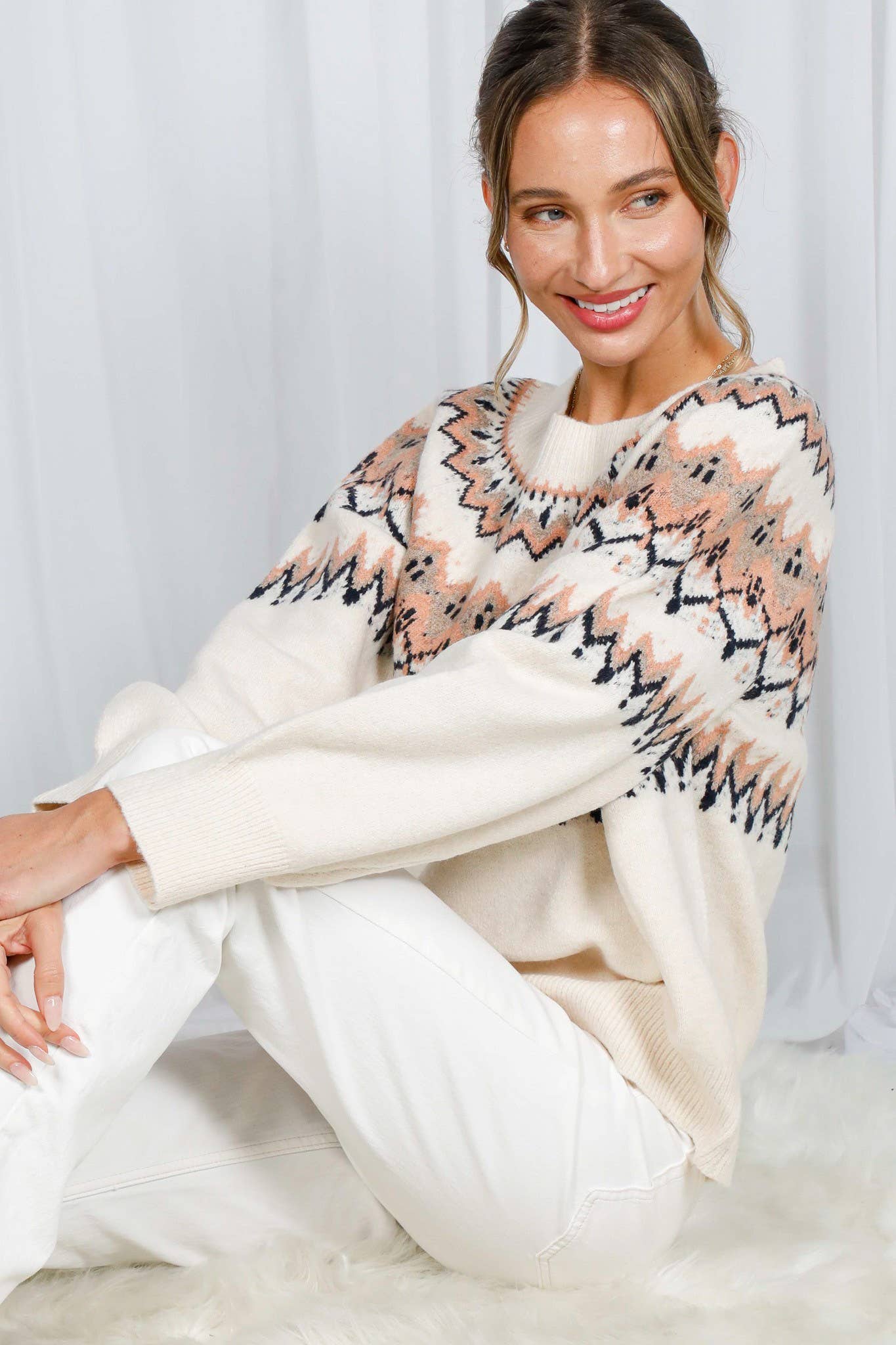 Cream Multi Fair Isle Embellished Pullover Knitted Sweater VT82602 for wholesale on Faire26