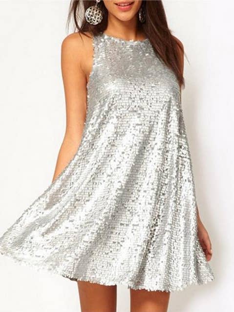 Silver party prom swing sequins A-line dress for wholesale by Rosa Clothing