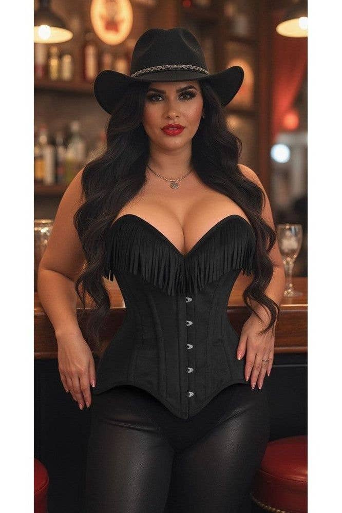 Daisy Corsets - Wholesale Corset - Women's - Top Drawer Black Suede Steel Boned Overbust Corset w/Fringe5