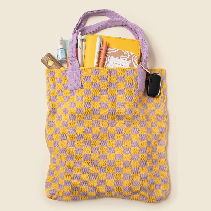 Yellow and Purple Checkered Tote Bag - Washable Cotton Knit with Key Ring for wholesale by CASUPO