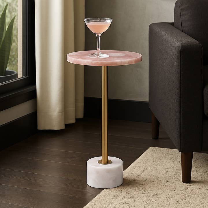 Bijzettafel - Roze Stenen Blad met Ronde Metalen Basis, 24 in. voor wholesale door Elevarre