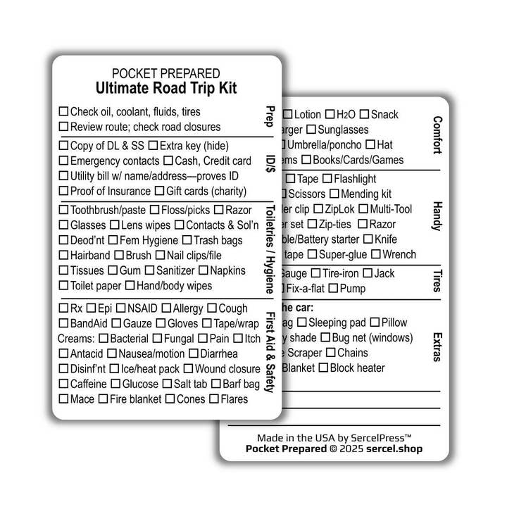Ultimate Road Trip Kit Planning & Reference Wallet Card | Pocket Prepared | Uncompromising Wallet Cards — Built to Last. Backed for Life for wholesale by SercelPress