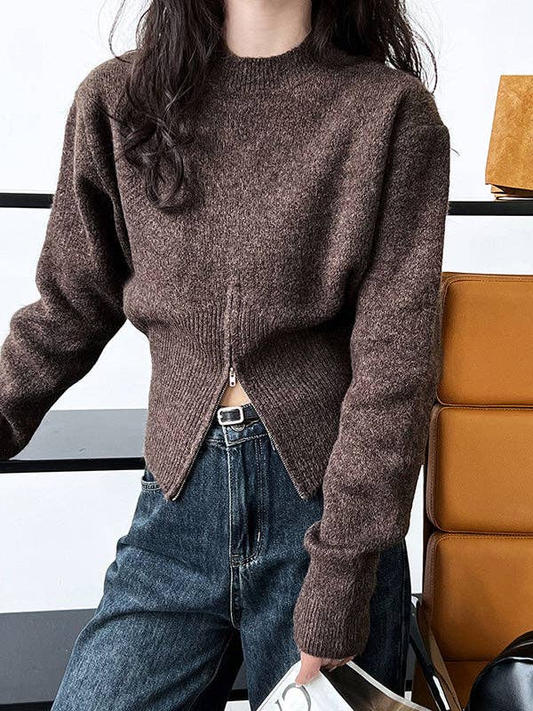ginghamandposh - Wholesale Knit Sweater - Women's - Long Sleeves Loose Solid Color Zipper Mock Neck Pullovers Sweater Tops