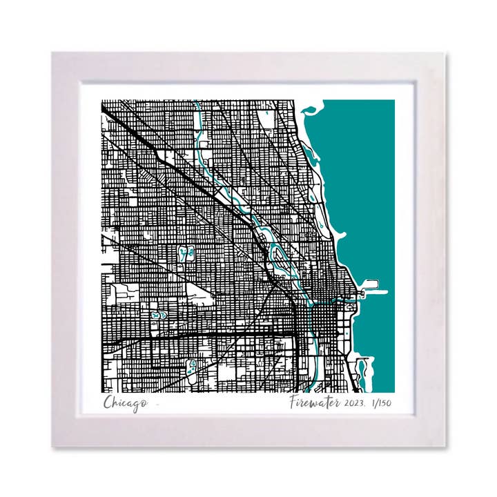 MAPA DE ARTE DE CHICAGO, ILLINOIS, DIBUJADO A MANO Y EDICIÓN LIMITADA para venta al por mayor de Firewater Gallery