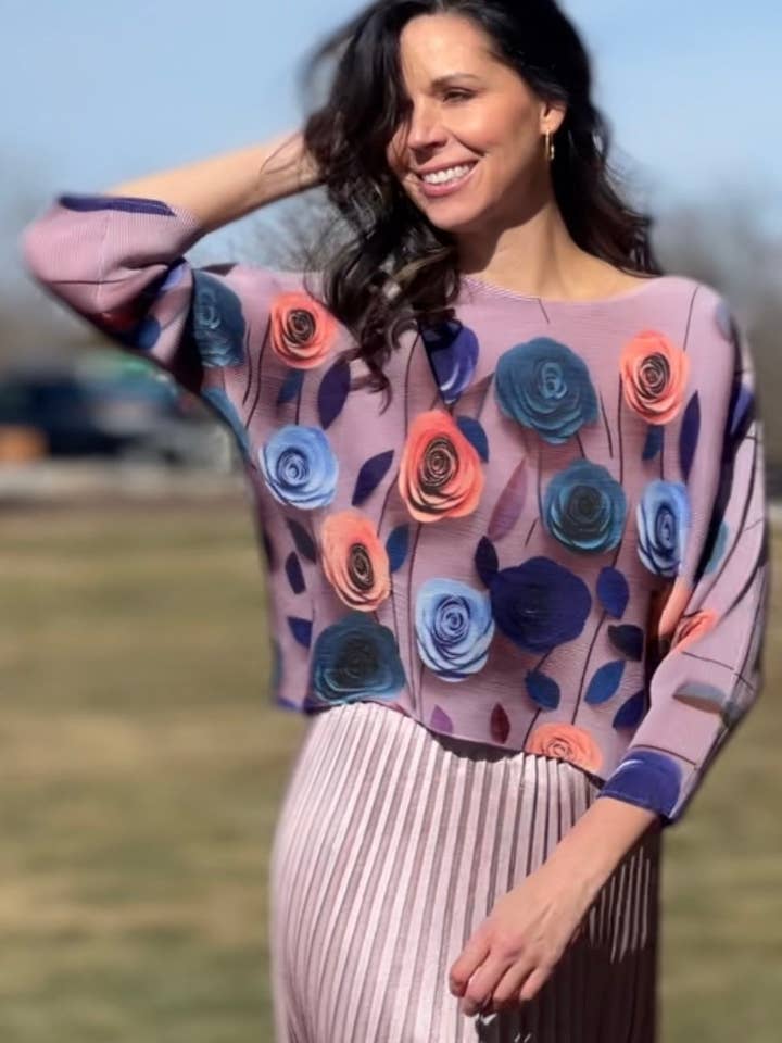 Pleated Rose print Long sleeves Top ( Lilac) for wholesale by Ellyndale