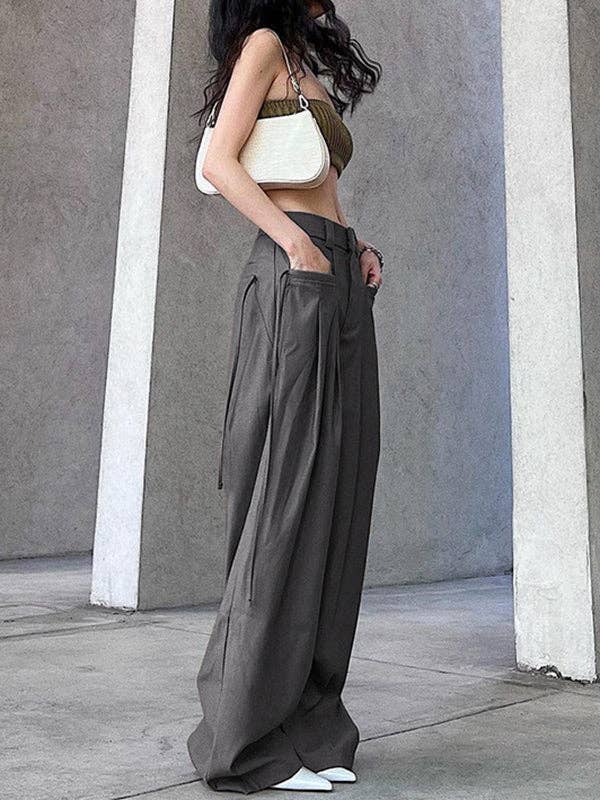 GRAY Pleated Solid Color Split-Joint Streamer High Waisted Loose Trousers Pants for wholesale on Faire