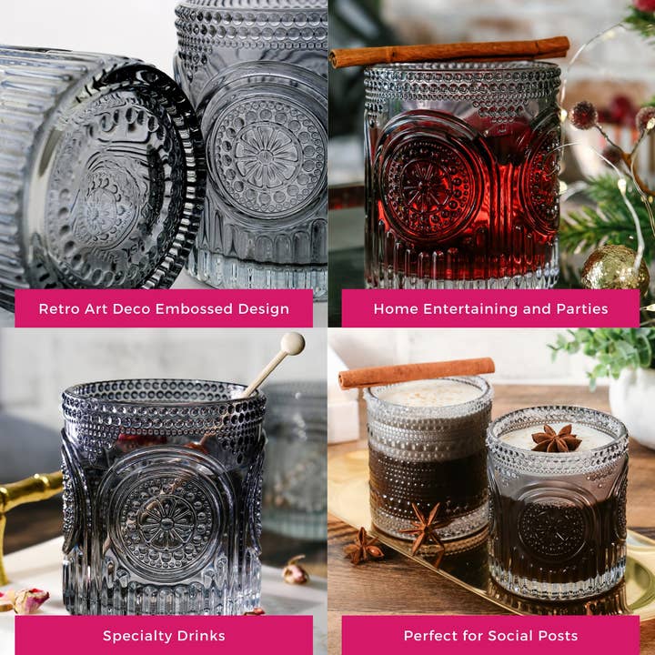 Kate Aspen - Wholesale Cocktail/Liquor Glass - 10 oz. Ribbed Retro Arch Floral Smoke Grey Drinking Glasses (Set of 6)