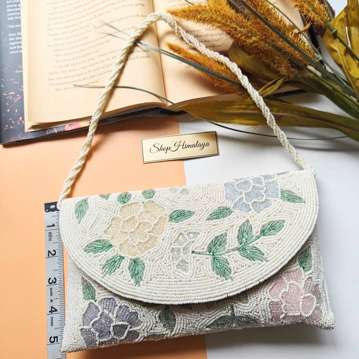 ShopHimalaya - Wholesale Clutch Bag - Women's - Pastel Floral Beaded Clutch Crossbody Ivory Bride Purse