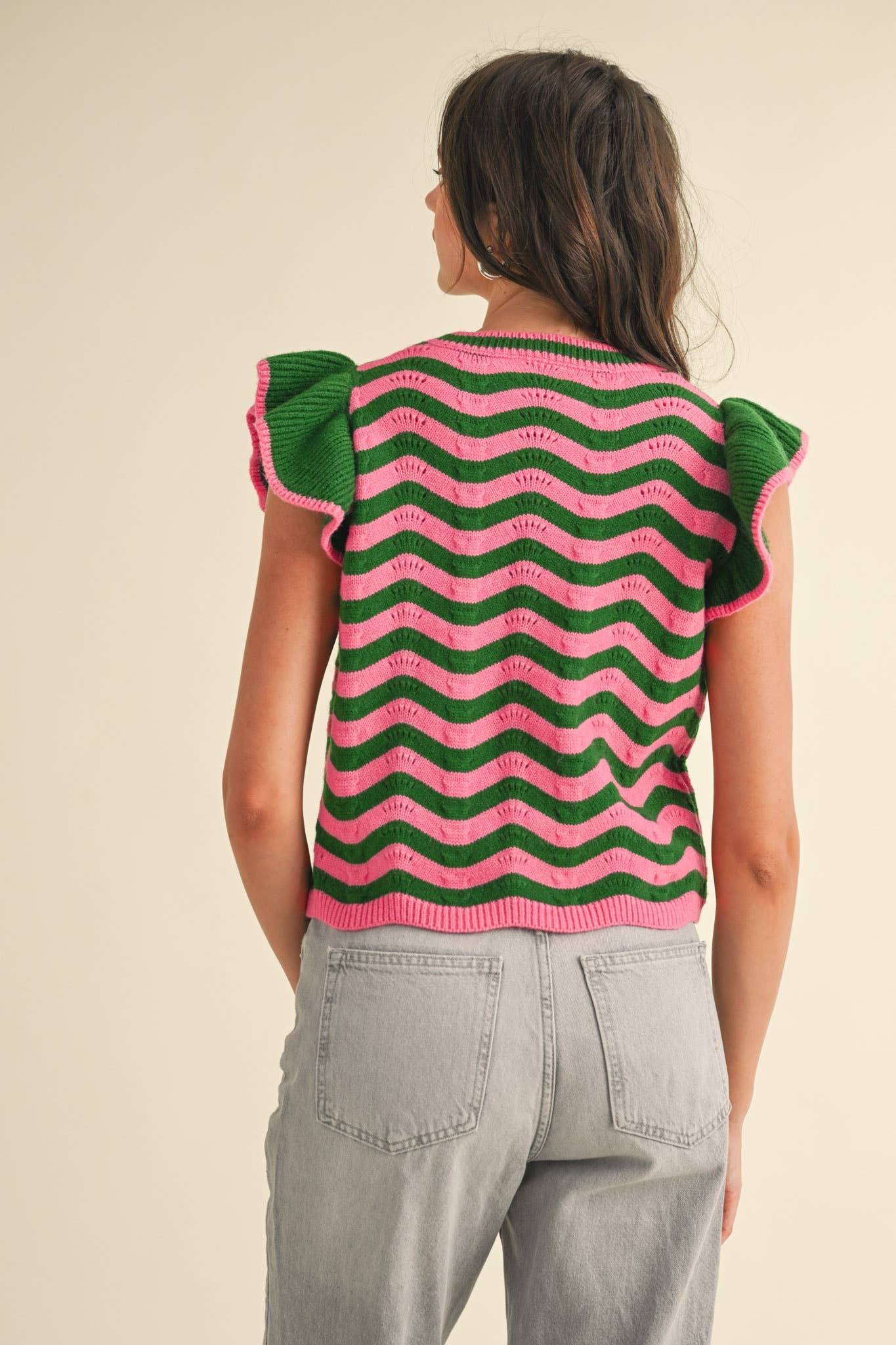 &MERCI - Wholesale Knit Sweater - Women's - WAVY STRIPES FLUTTER SLEEVE SWEATER TOP MSW1050944