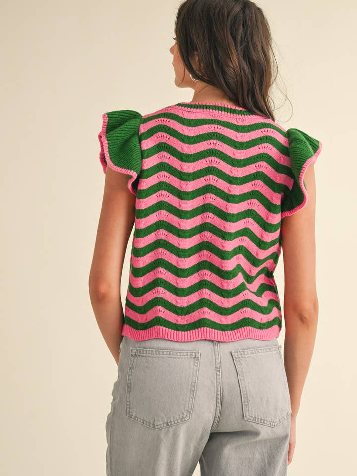 &MERCI - Wholesale Knit Sweater - Women's - WAVY STRIPES FLUTTER SLEEVE SWEATER TOP MSW1050944