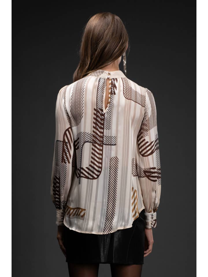 BROWN MULTI ABSTRACT PRINT LONG SLEEVE WOVEN TOP for wholesale on Faire1