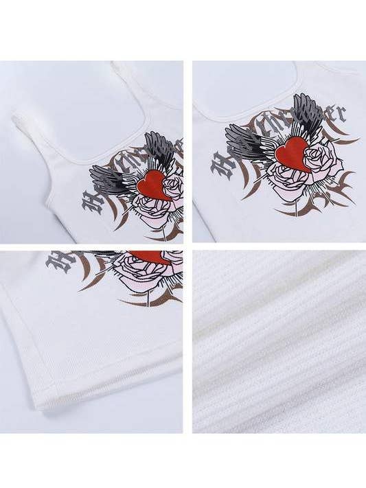 WHITE diamante heart spaghetti strap graphic tank top for wholesale on Faire1