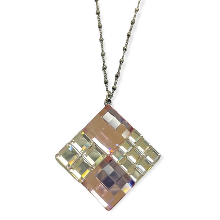 Pink Squared Crystal Rhombus Pendant Necklace for wholesale by Anne Koplik Designs, Inc.