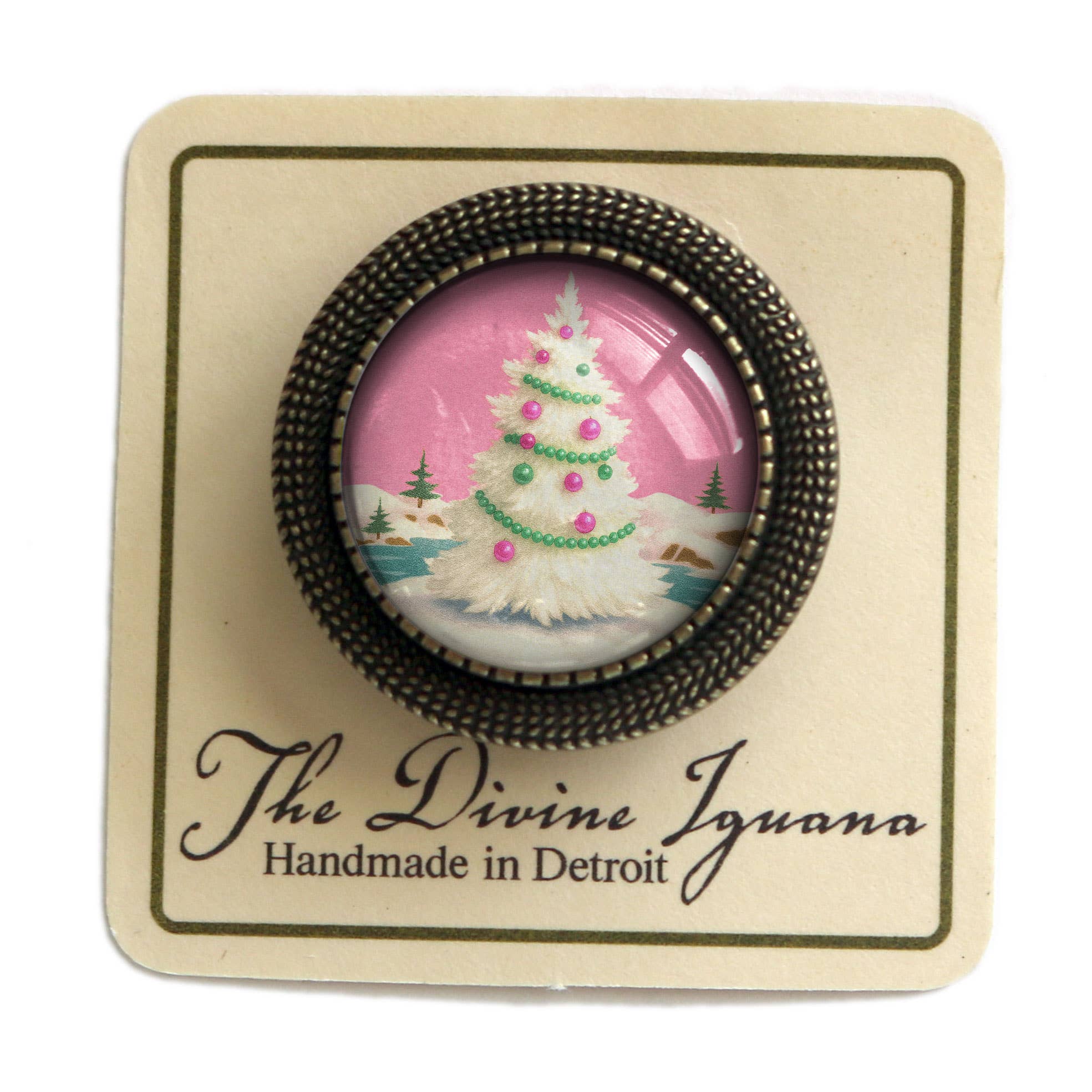 The Divine Iguana – Engroshandel Broche – Lyserød juletræ bronzefarvet og glas ørering med hængslet lås1