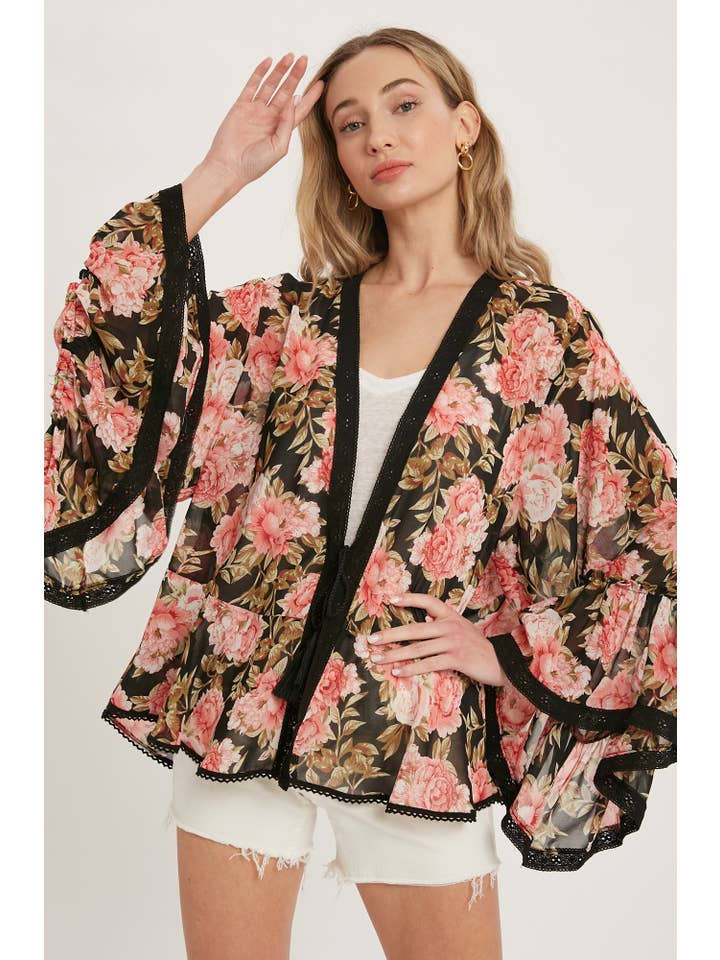 Bluivy - Wholesale Kimono - Women's - FLORAL RUFFLED BELL SLEEVES KIMONO