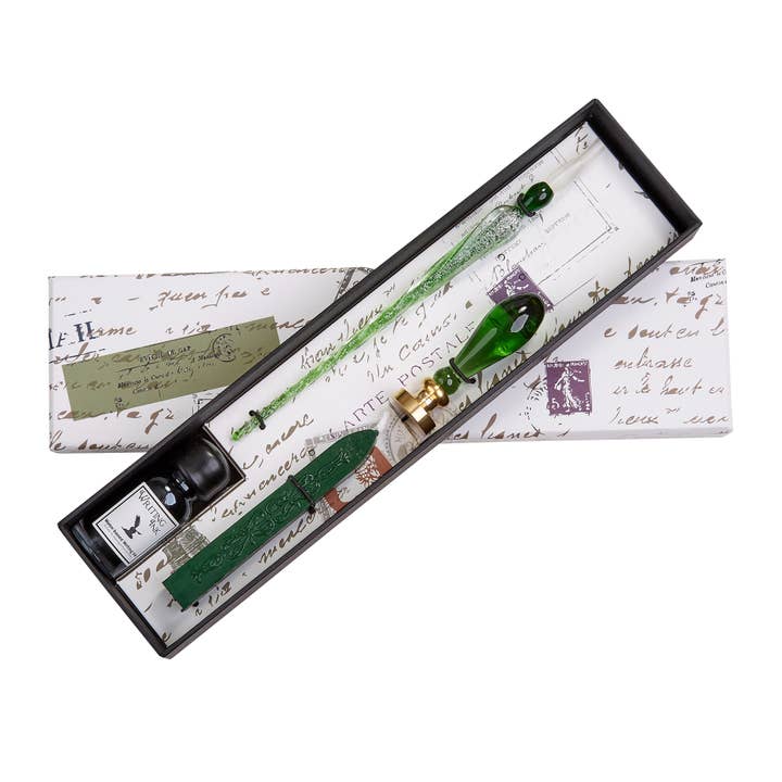Green Glass Wax Seal & Calligraphy Pen & Ink Set for wholesale by Freund Mayer & Co.